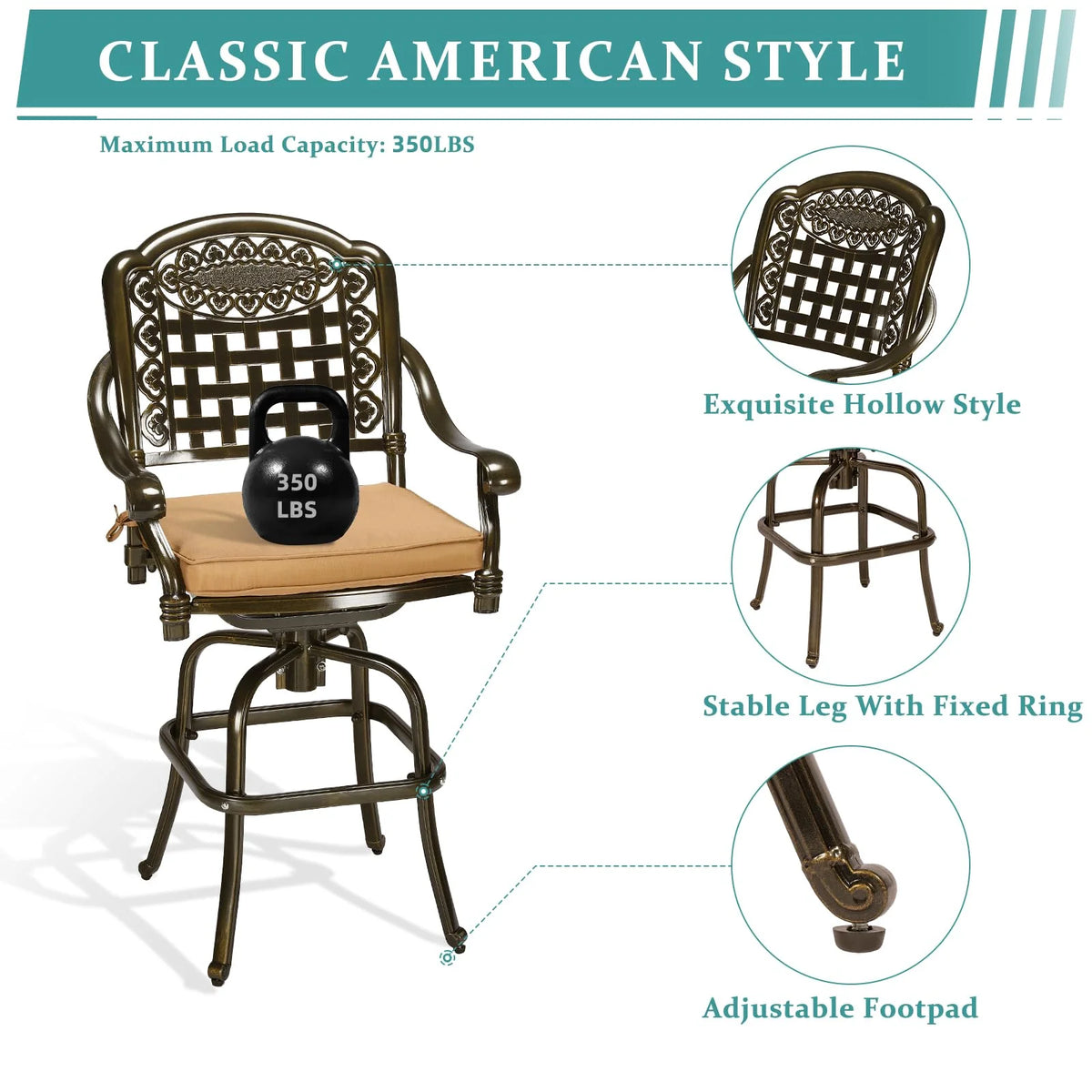 2 Piece Cast Aluminum Swivel Bar Stools with Cushions S923