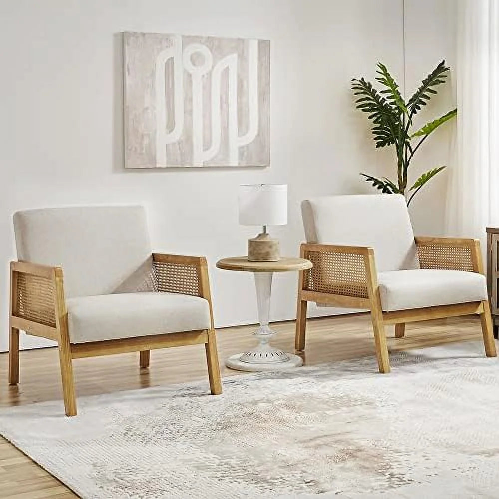 Ivory Boucle Fabric Accent Chair with Wood Armrest and Legs 2 pcs W192748