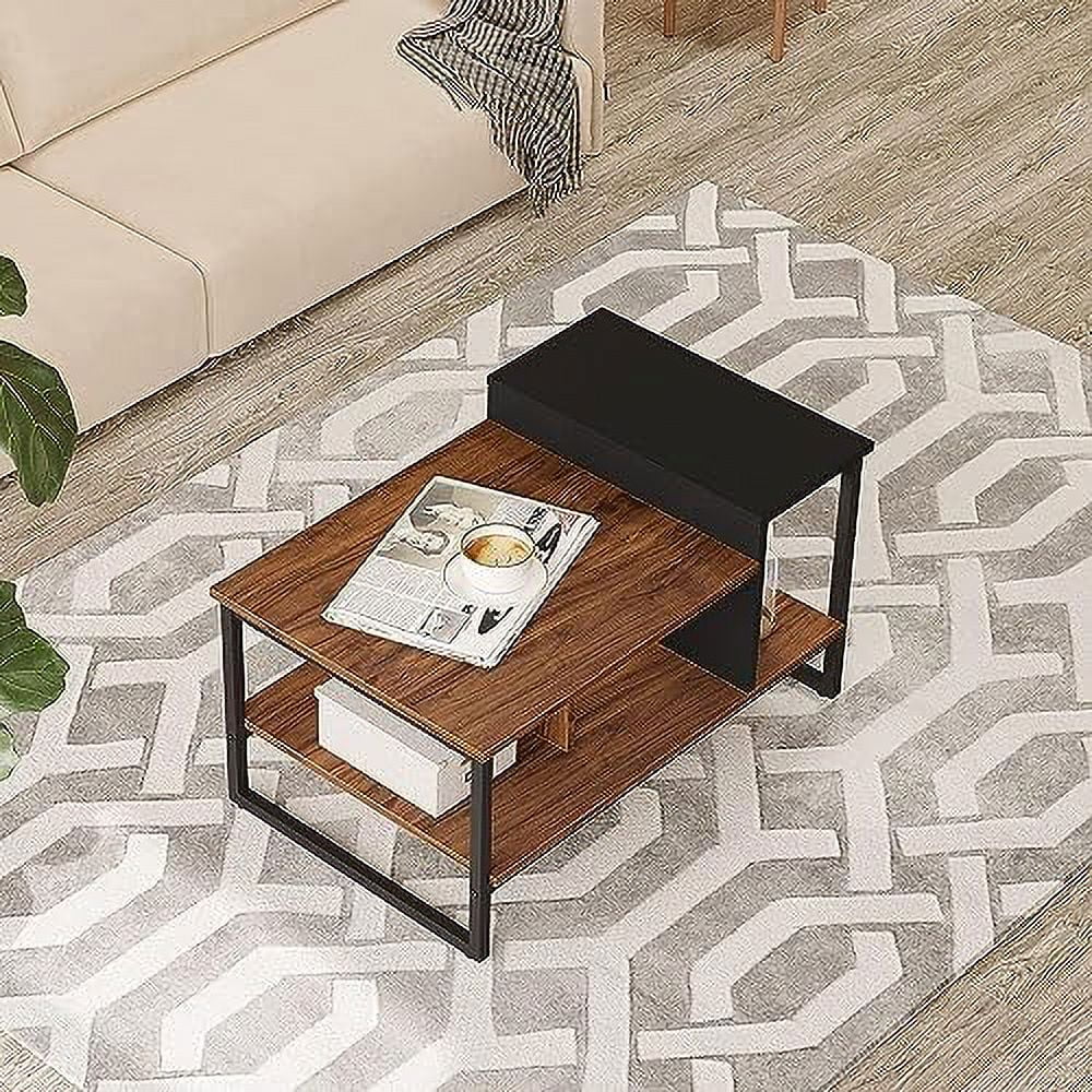 Glass Wood Coffee Table with 2-Tier Staggered Shelves H9171