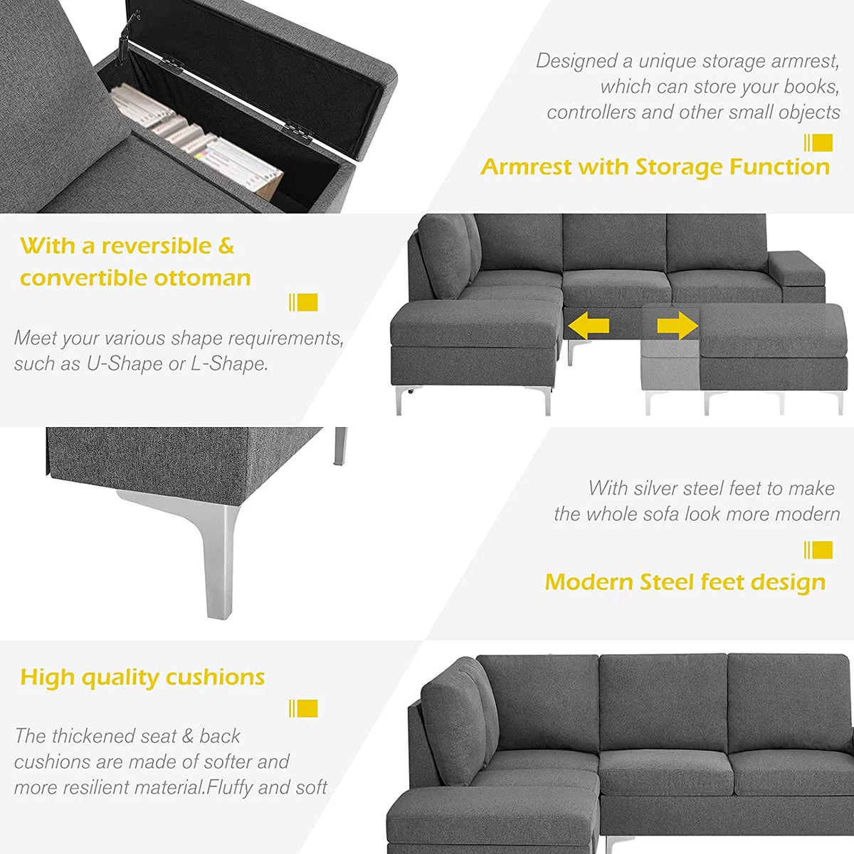 Gray Sectional Sofa with Armrest Storage E382
