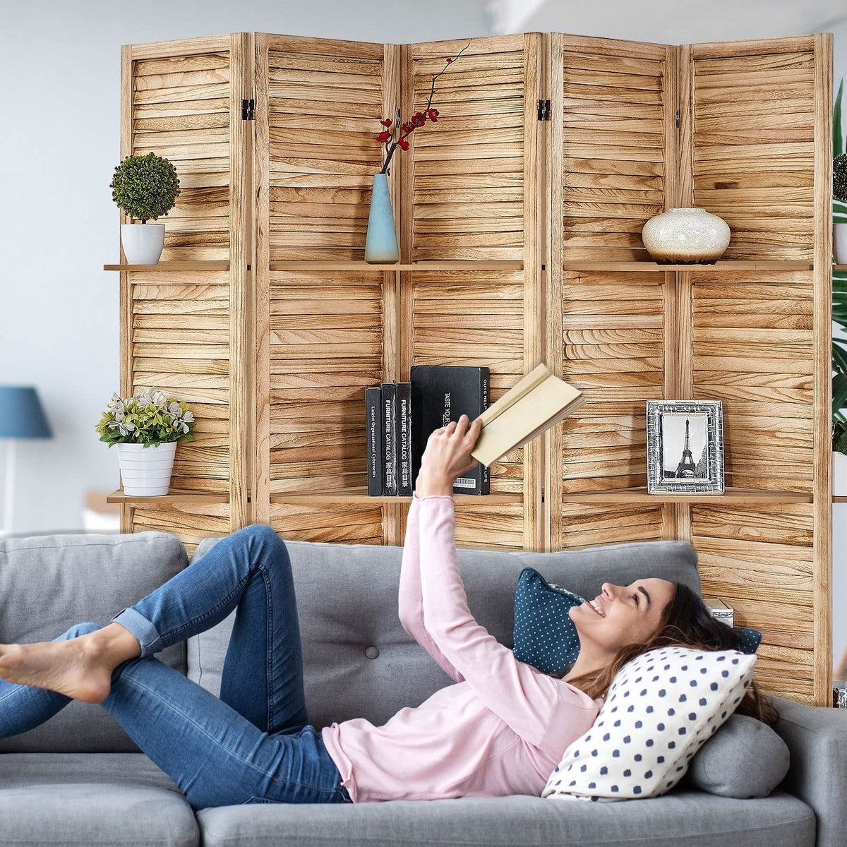5 Panel Wood Folding Room Divider with Shelves N23185