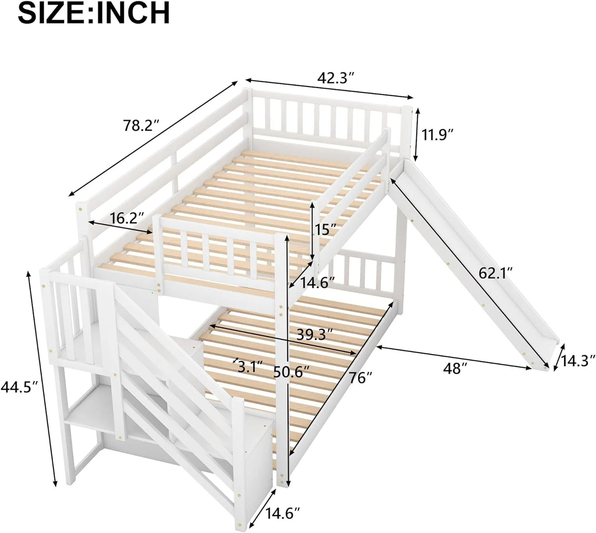 White Wood Bunk Bed with Stairs and Slide Z403718