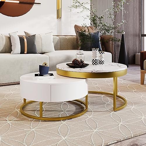 Round Lift-top Nesting Coffee Tables with 2 Drawers White & Natural L867