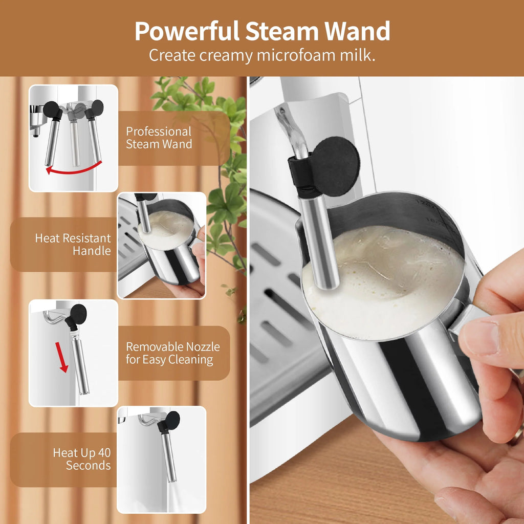 20 Bar Espresso Machine with Milk Frother Wand, 40.58 oz, White F9507