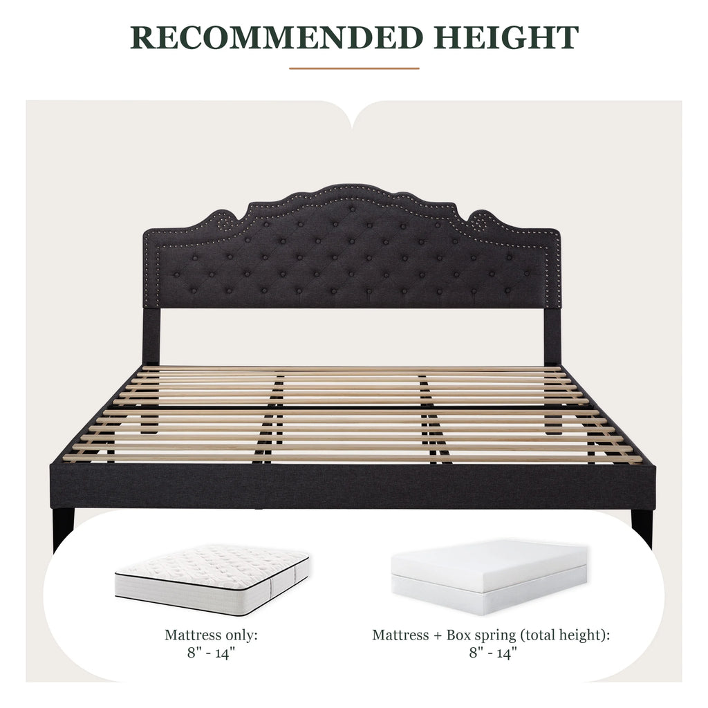 Queen Size Upholstered Platform Bed Frame with Adjustable Headboard, Black Y154593