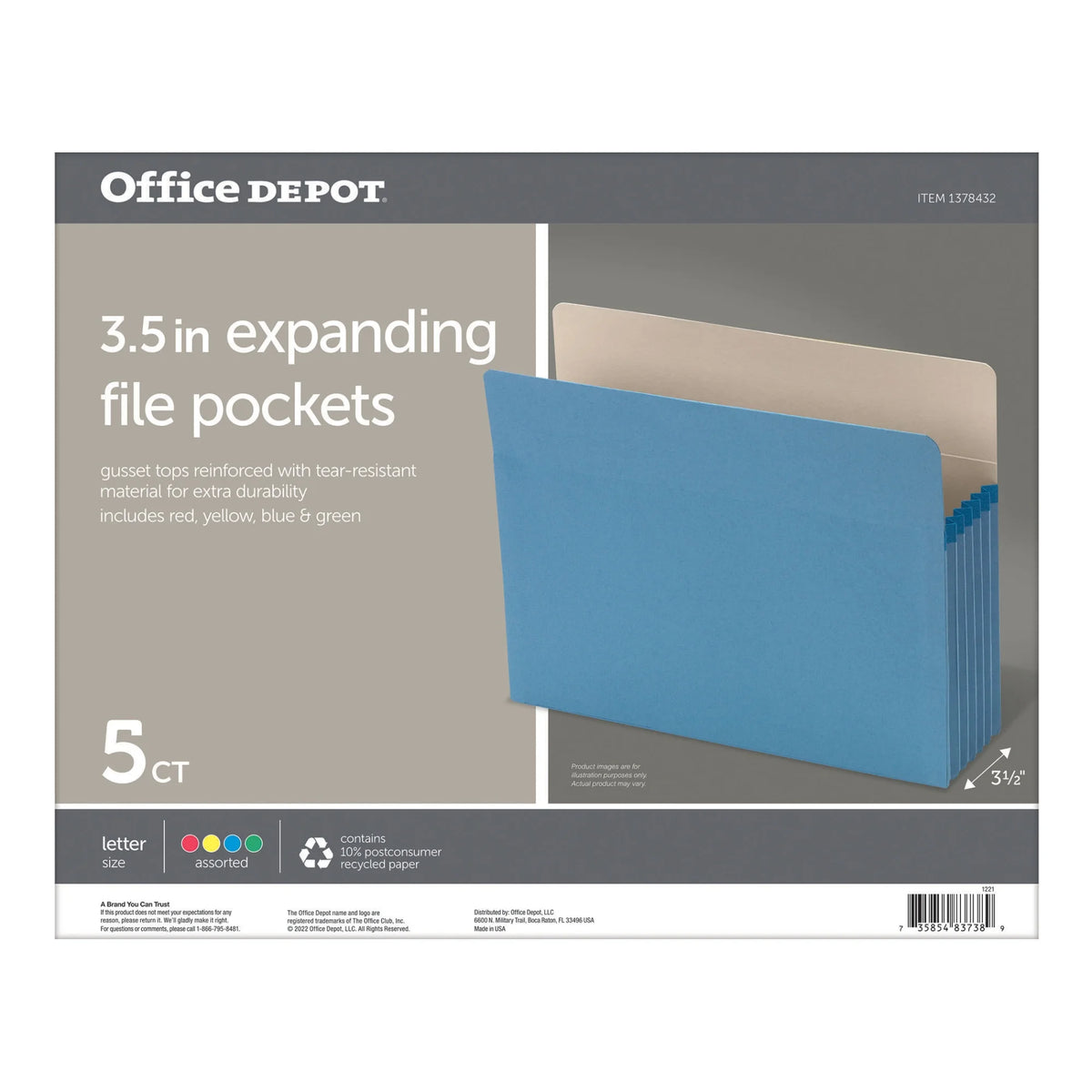 Letter Size File Cabinet Pockets, 3 1/2" Expansion, Pack Of 5 S729