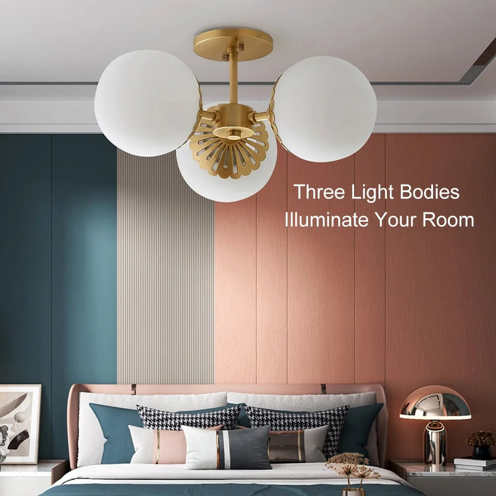 Modern Gold 3-Light Semi Flush Mount Light with White Round Glass Globe Shade Q514