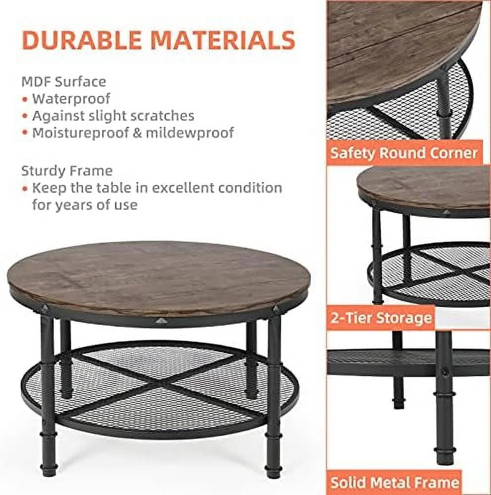 Small Round Coffee Table with Wood Top Metal Legs 2-Tier Grey P63567
