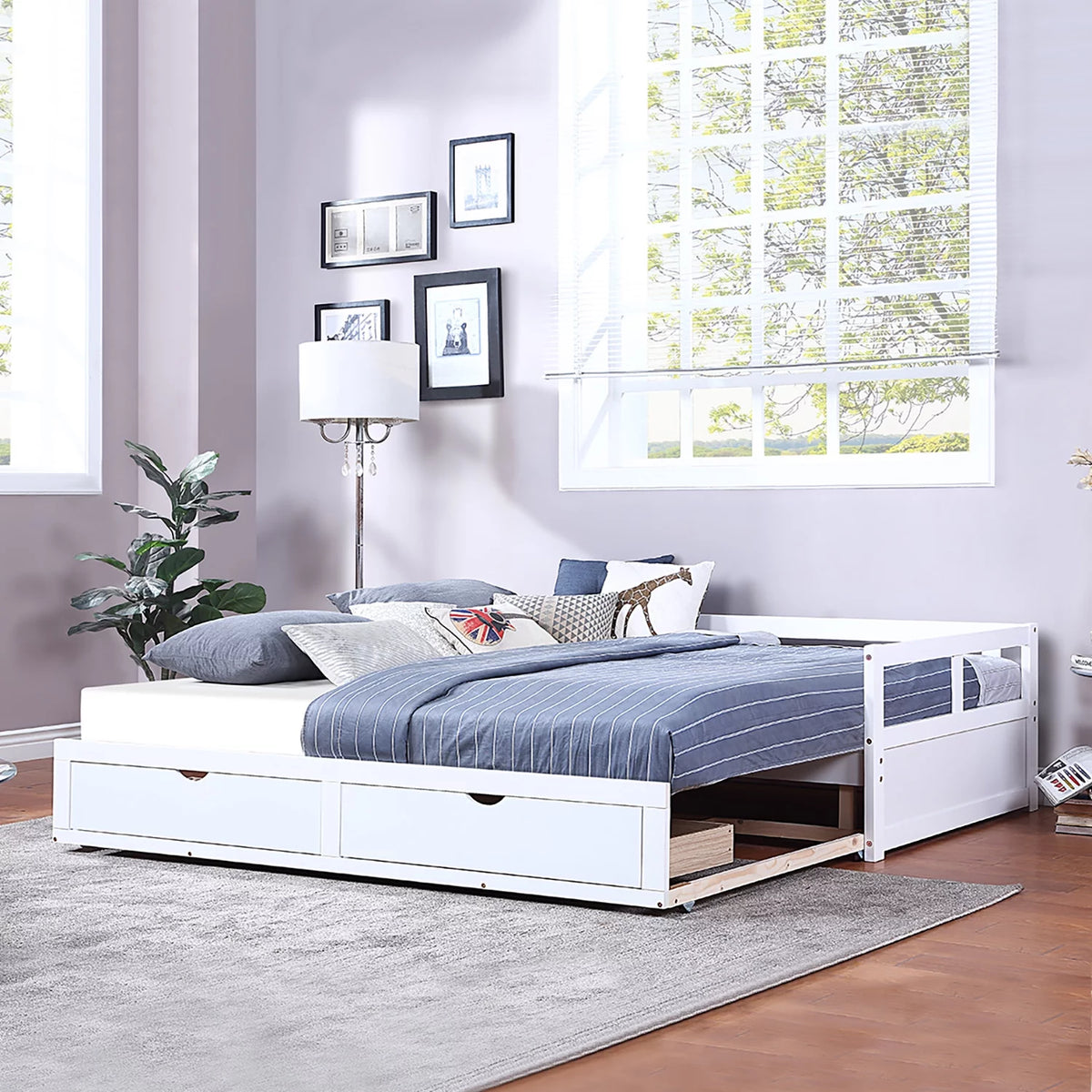 White Wooden Daybed with Trundle and Two Storage Drawers N60707