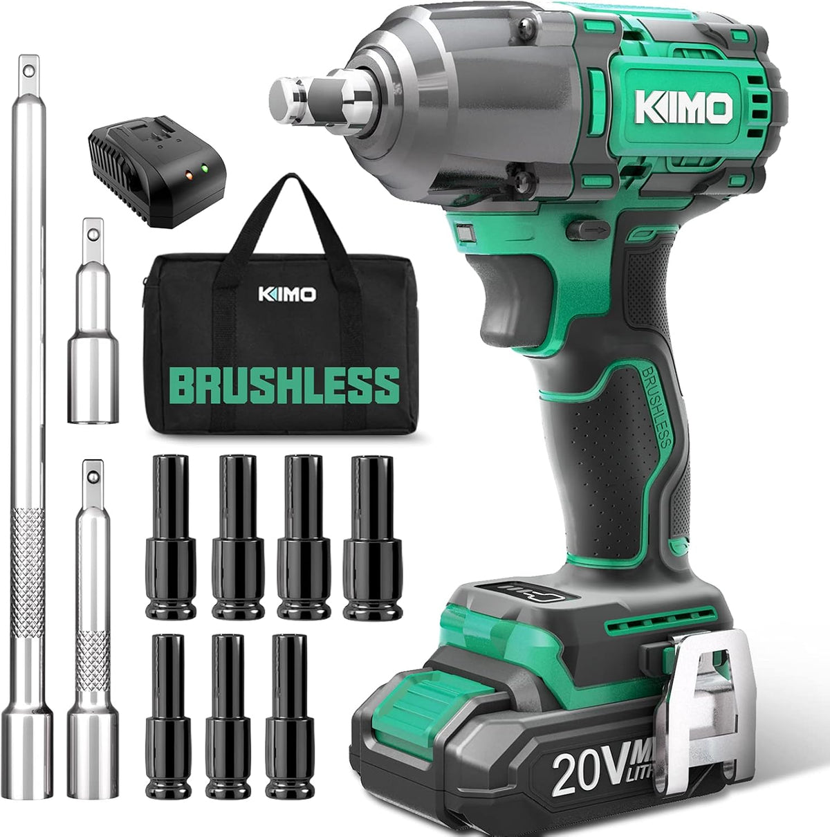 Cordless Brushless Impact Wrench Set 20V 1/2 300 Ft-lb R9392