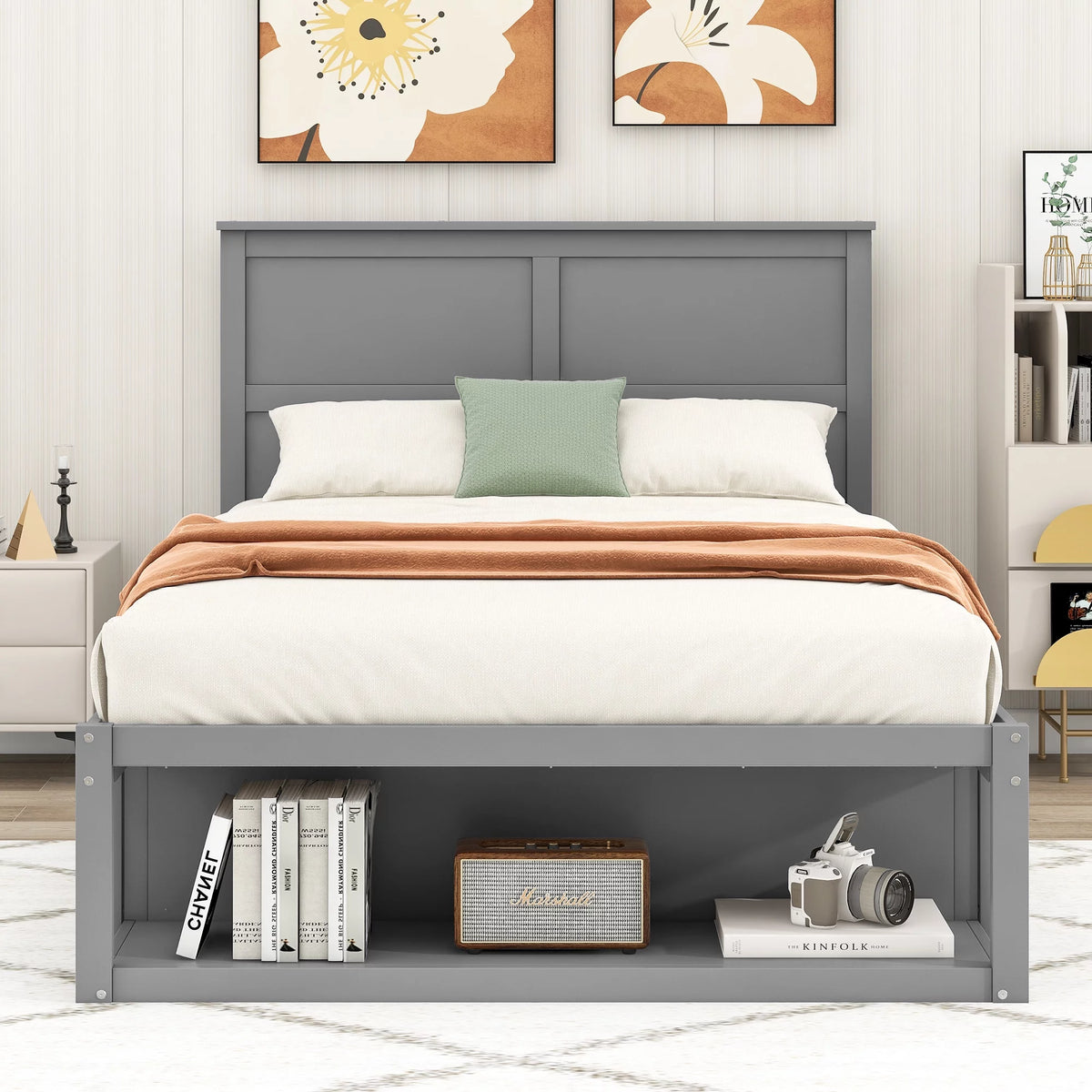 Full Size Wooden Platform Bed with Drawer and Shelf S9533