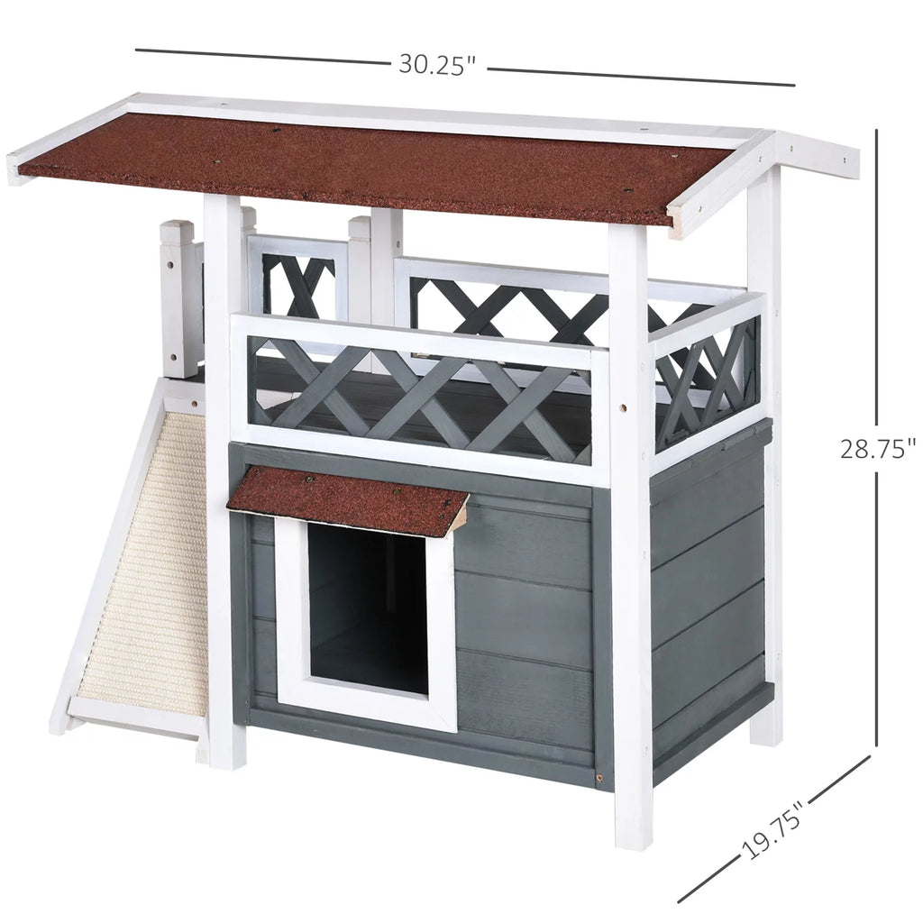 2-story Cat House Wood Shelter with Condo Sisal Ramp, Gray B9739