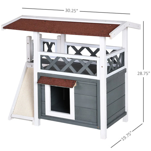 2-story Cat House Wood Shelter with Condo Sisal Ramp, Gray B9739