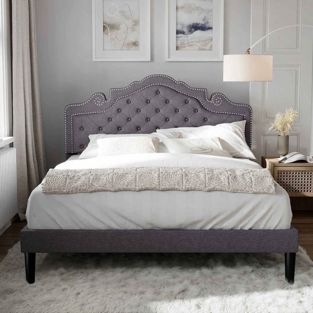 Queen Size Upholstered Platform Bed Frame with Adjustable Headboard, Black Y154593