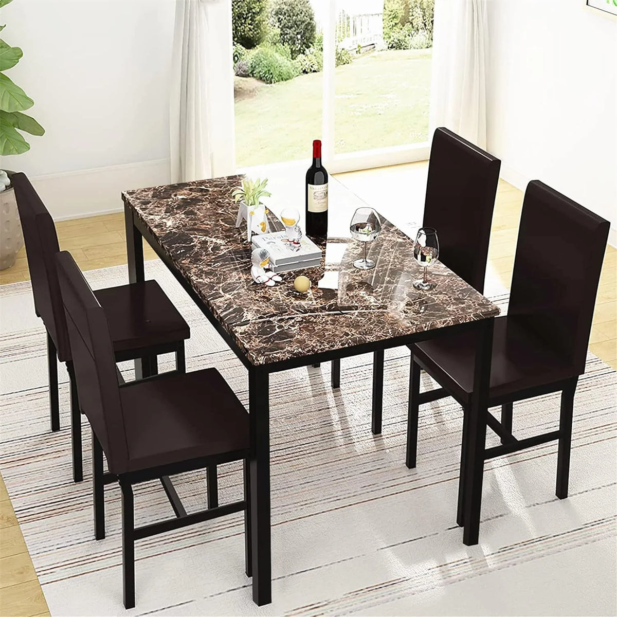 5-Piece Brown Kitchen Table Set with 4 Leather Upholstered Chairs G155424
