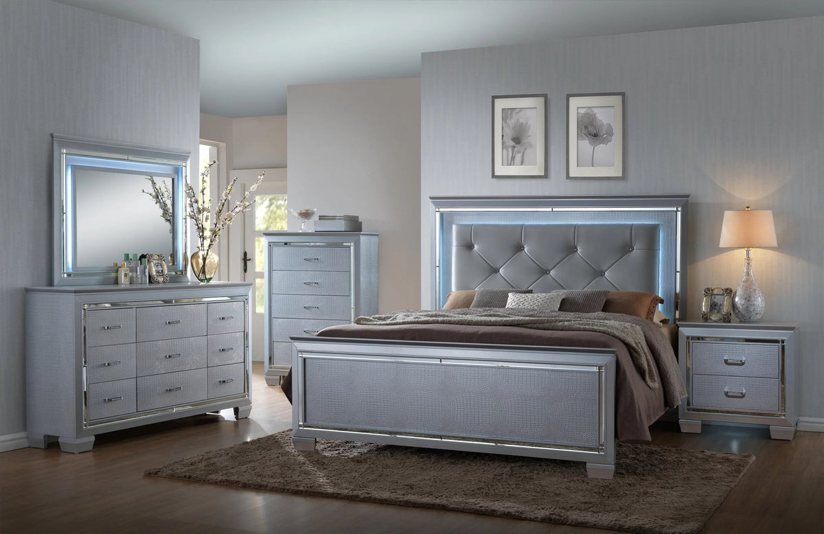 King Size 6pc Upholstered Bed Dresser Mirror Nightstand Chest A680848