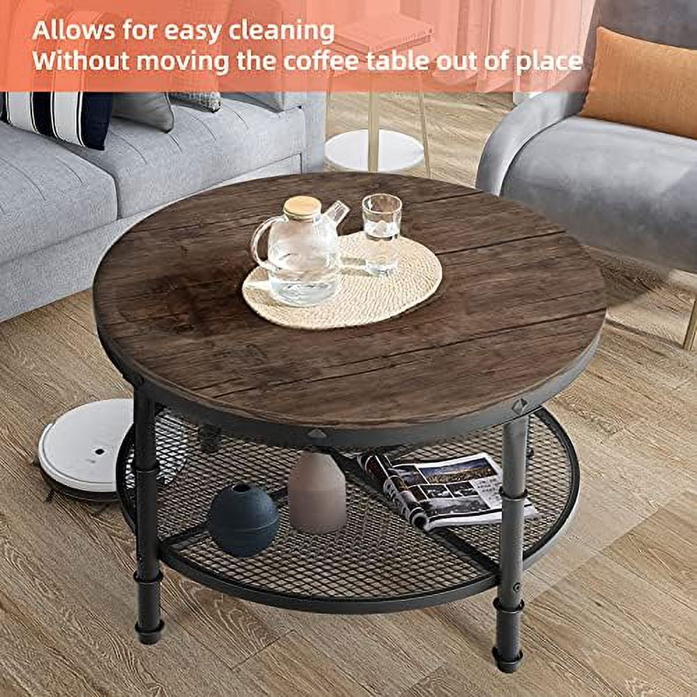 Small Round Coffee Table with Wood Top Metal Legs 2-Tier Grey P63567