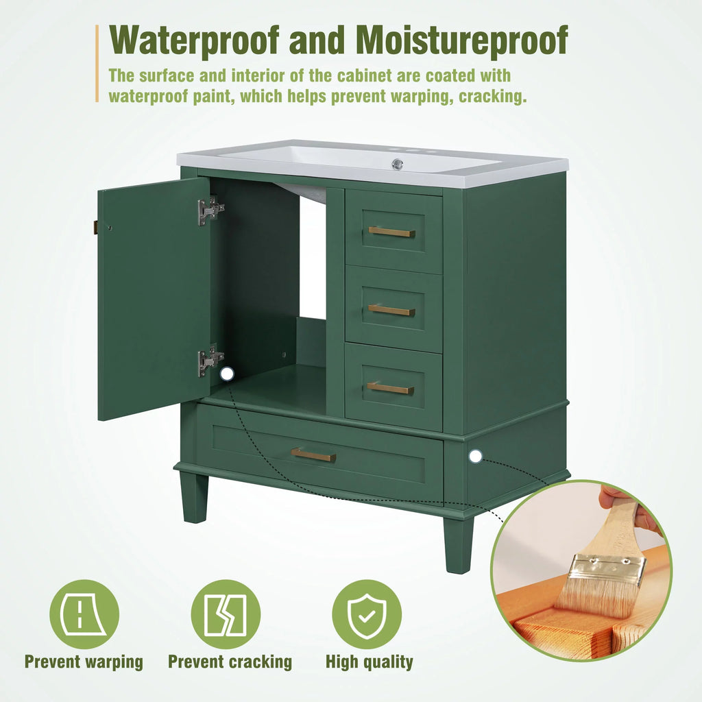 30" Green Solid Wood Bathroom Vanity with Top Basin and 3 Drawers W3518