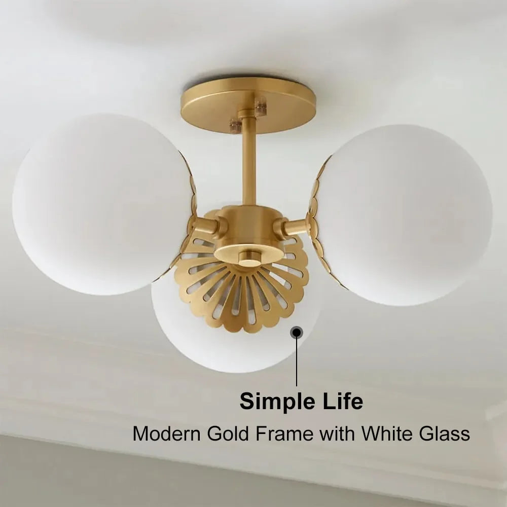 Modern Gold 3-Light Semi Flush Mount Light with White Round Glass Globe Shade Q514