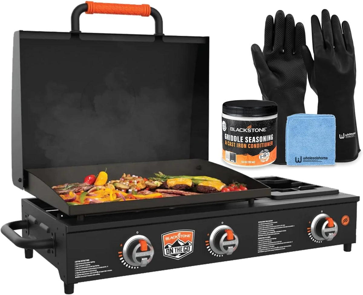 22 inch Propane Powered Portable Flat Top Gas Grill with Hood and Side Burner G99339