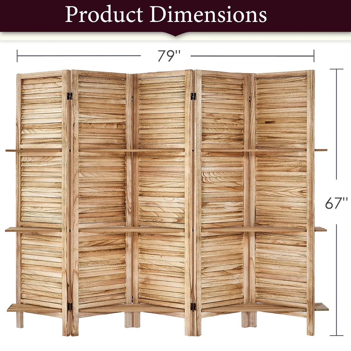 5 Panel Wood Folding Room Divider with Shelves N23185
