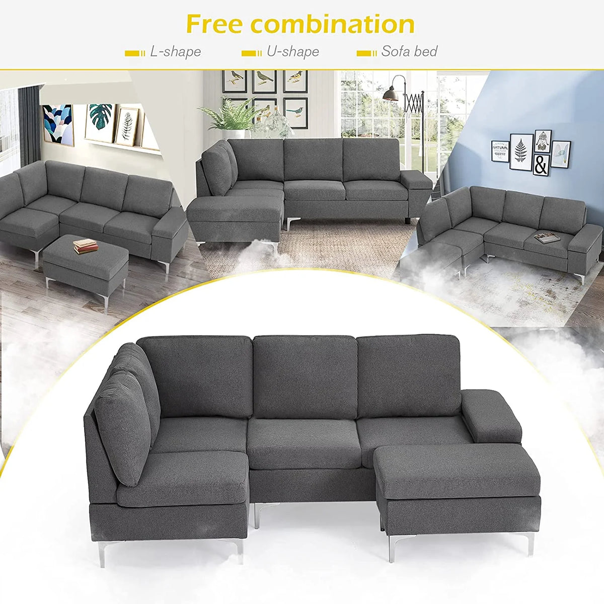 Gray Sectional Sofa with Armrest Storage E382
