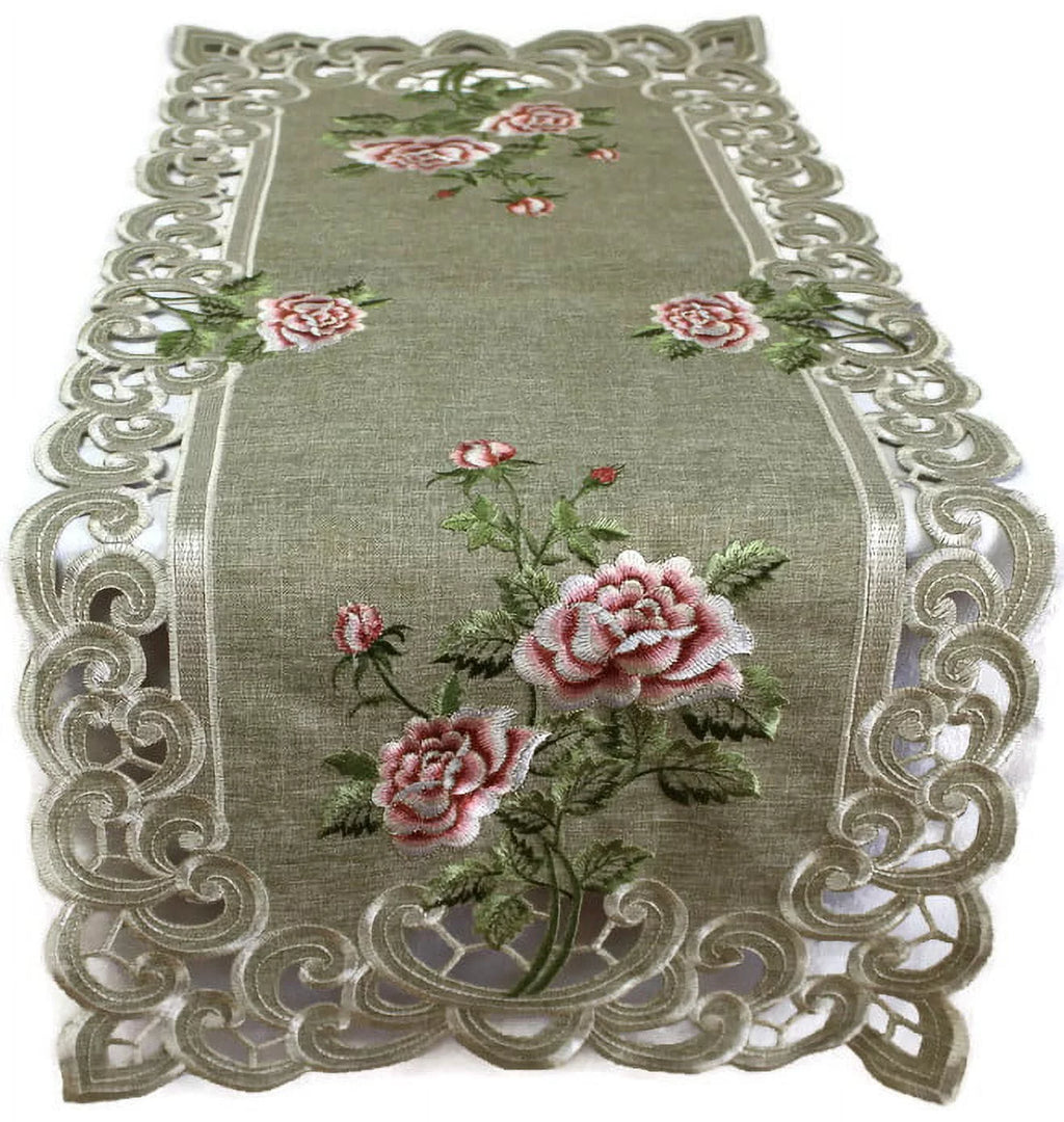 Table Runner with Pink Roses and Sage Green Burlap Linen Fabric, 70 x 15 inches Z63624