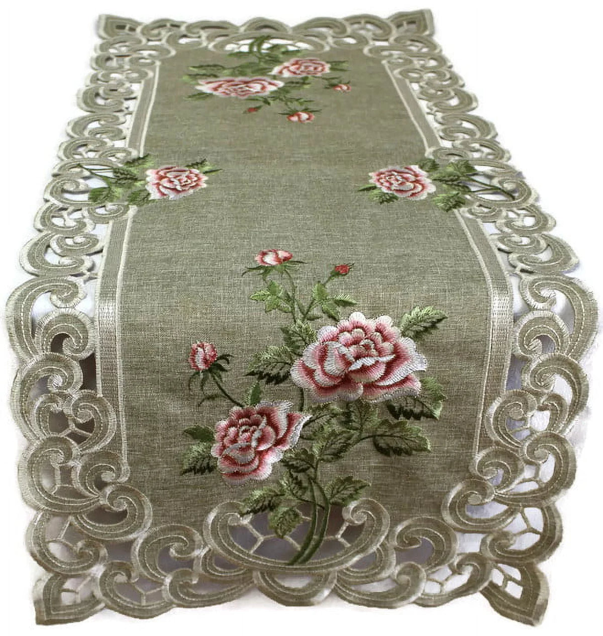 Table Runner with Pink Roses and Sage Green Burlap Linen Fabric, 70 x 15 inches Z63624