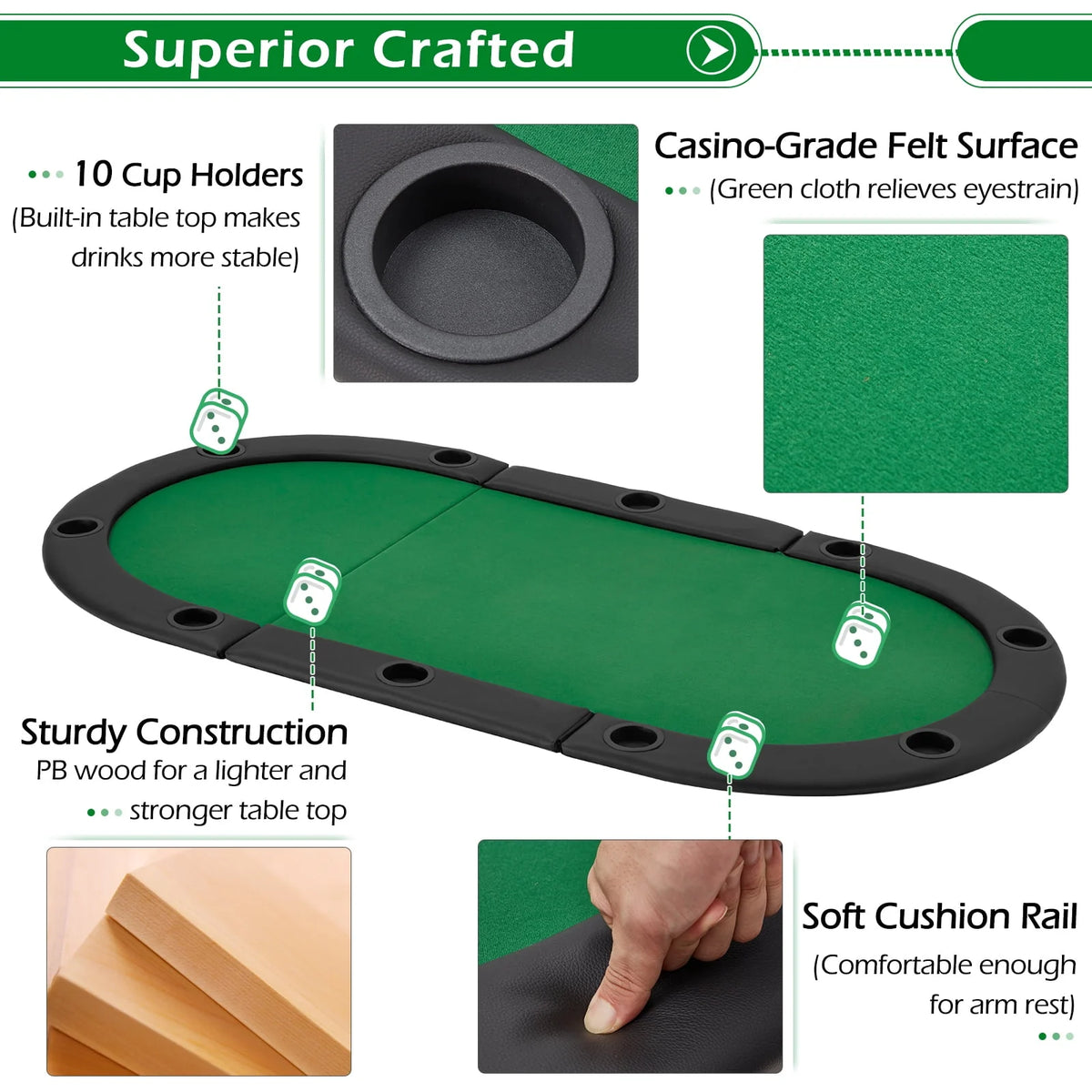 Poker Table with Cup Holder for 8 Players Green Felt Z70767
