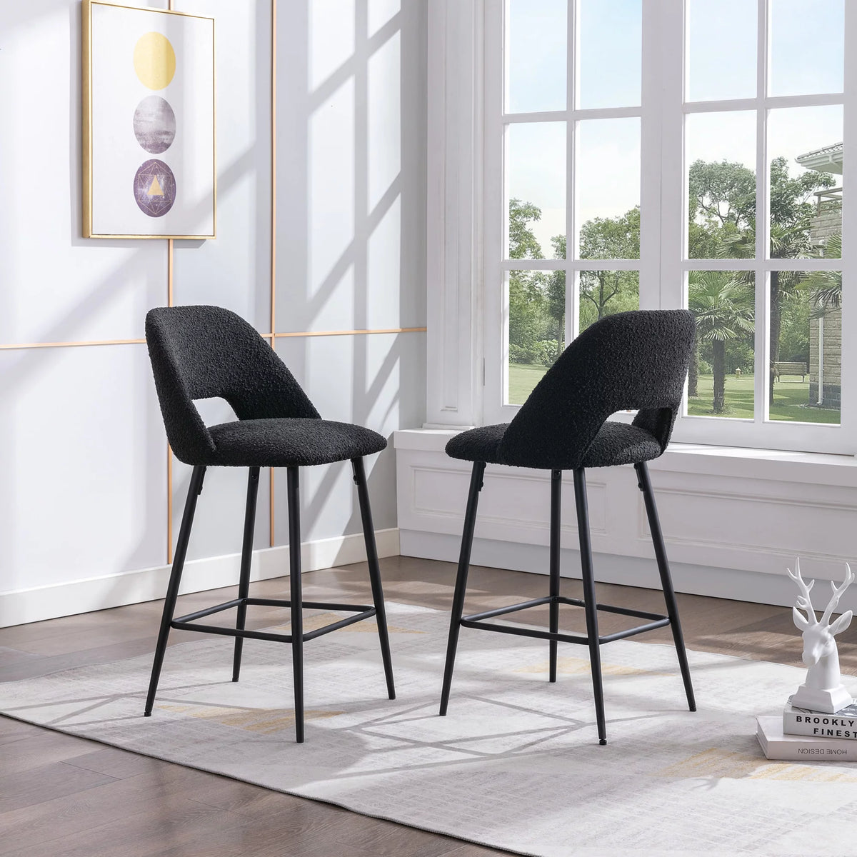 Boucle Fabric Barstools Set of 2 with Black Metal Legs B688032