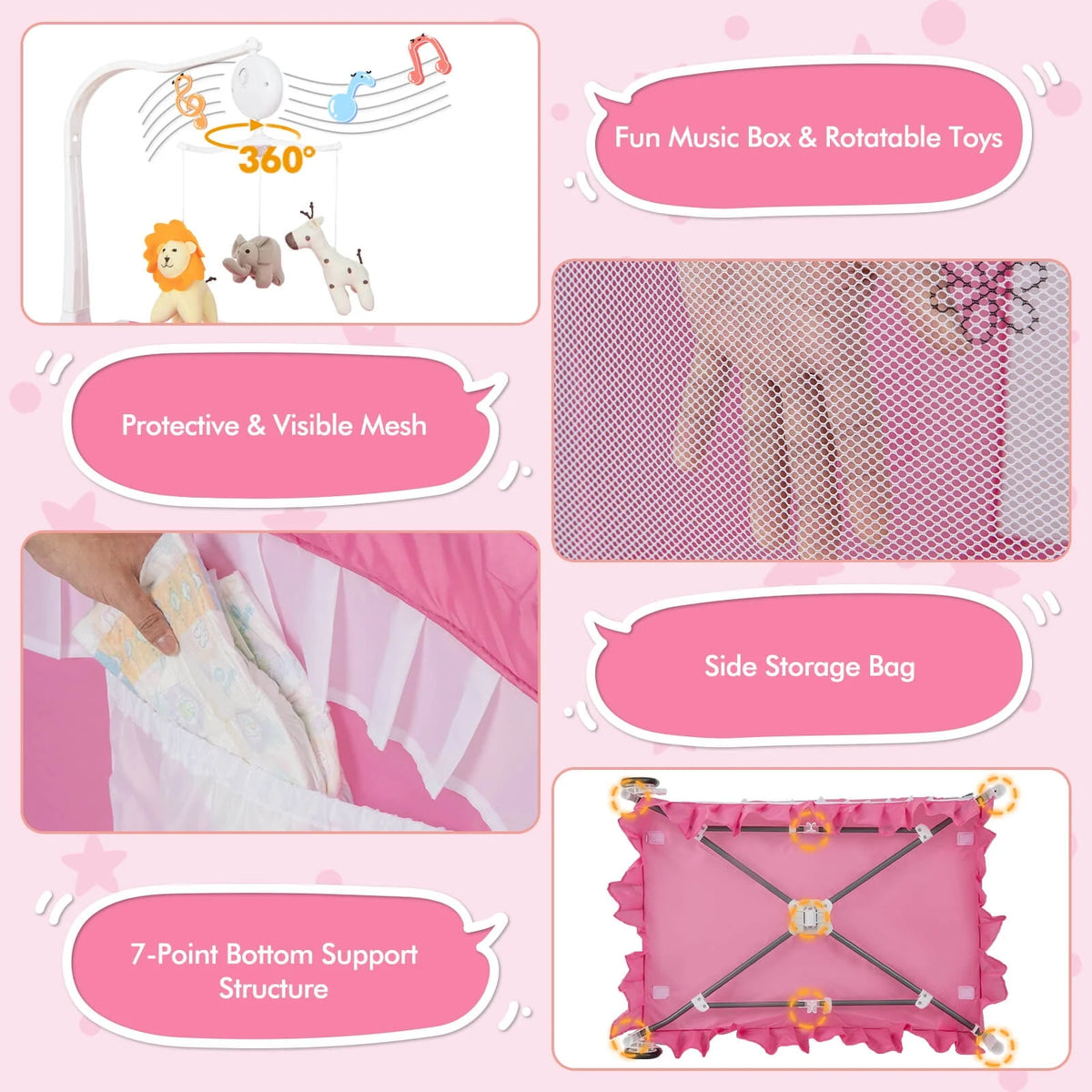 Portable 4 in 1 Baby Playard Crib with Changing Table Pink Z767841
