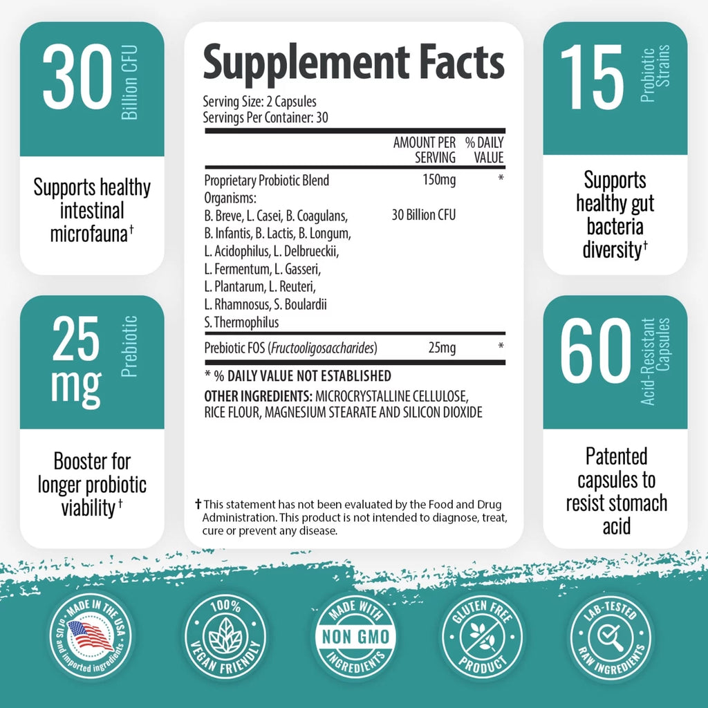 Probiotic 30 Billion CFU Supplement with Prebiotics 120 Vegan Capsules T157