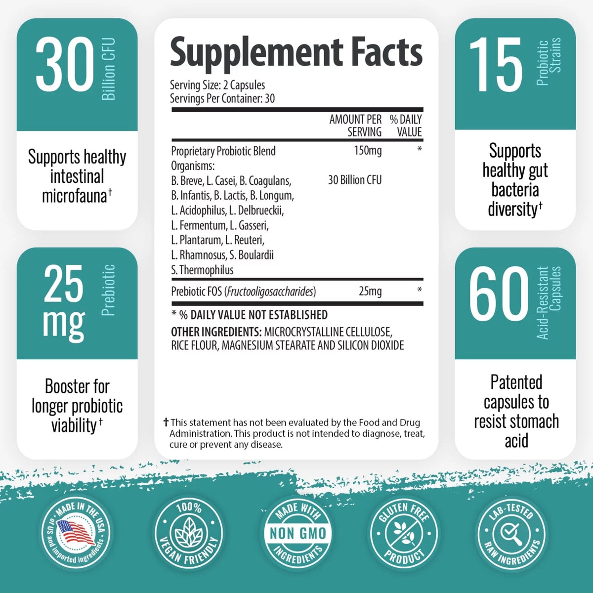 Probiotic 30 Billion CFU Supplement with Prebiotics 120 Vegan Capsules T157