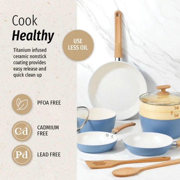 Light Blue 10-Piece Ceramic Titanium-infused Cookware Set I7188