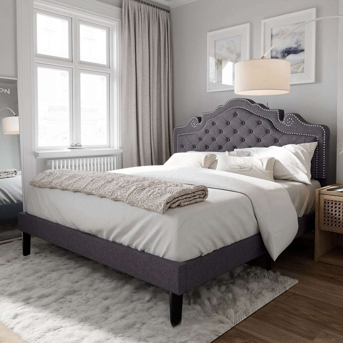 Queen Size Upholstered Platform Bed Frame with Adjustable Headboard, Black Y154593