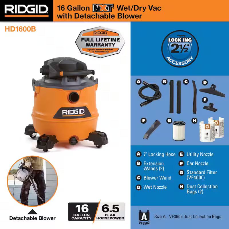 16 Gallon 6.5 Peak HP Wet/Dry Shop Vacuum with Detachable Blower K398