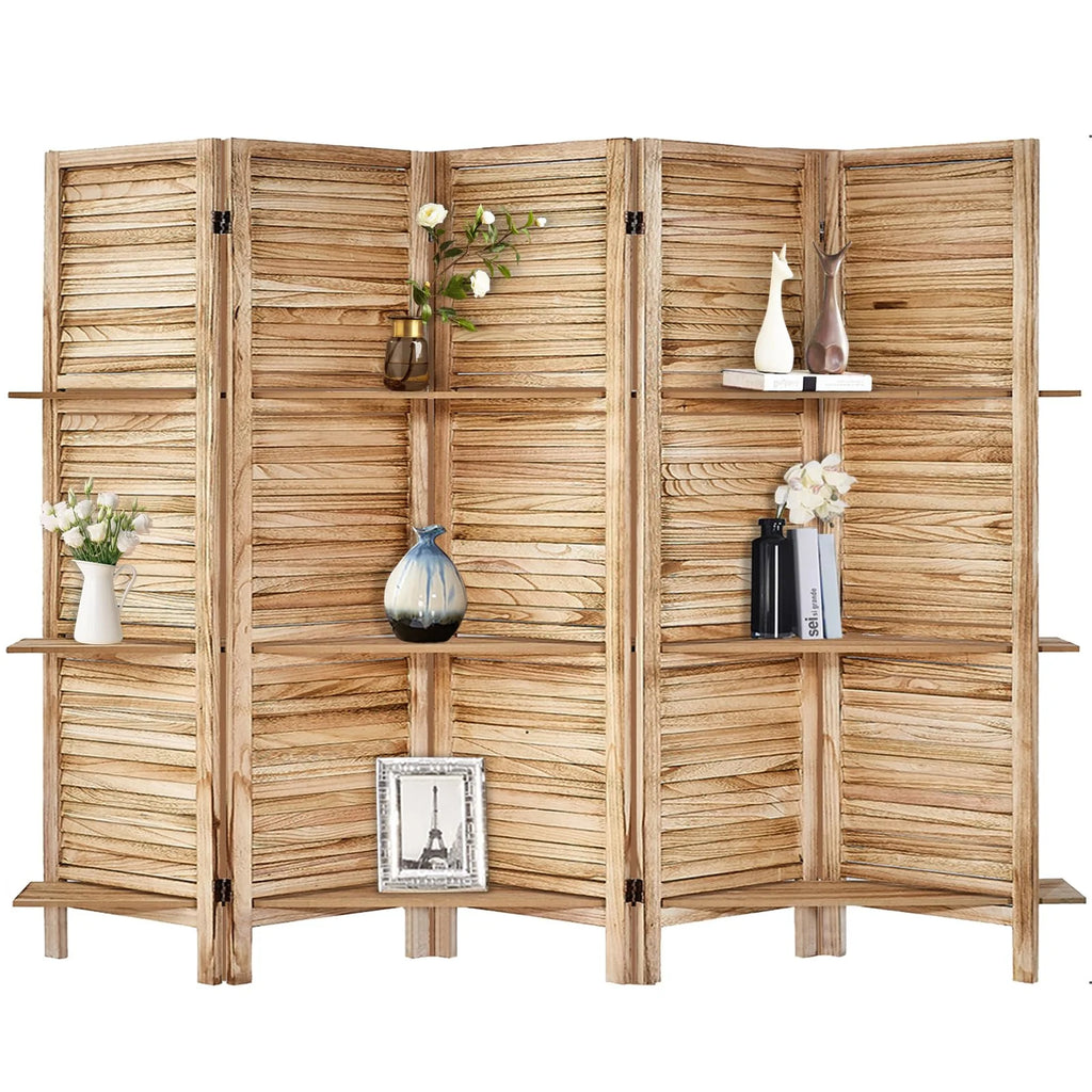 5 Panel Wood Folding Room Divider with Shelves N23185