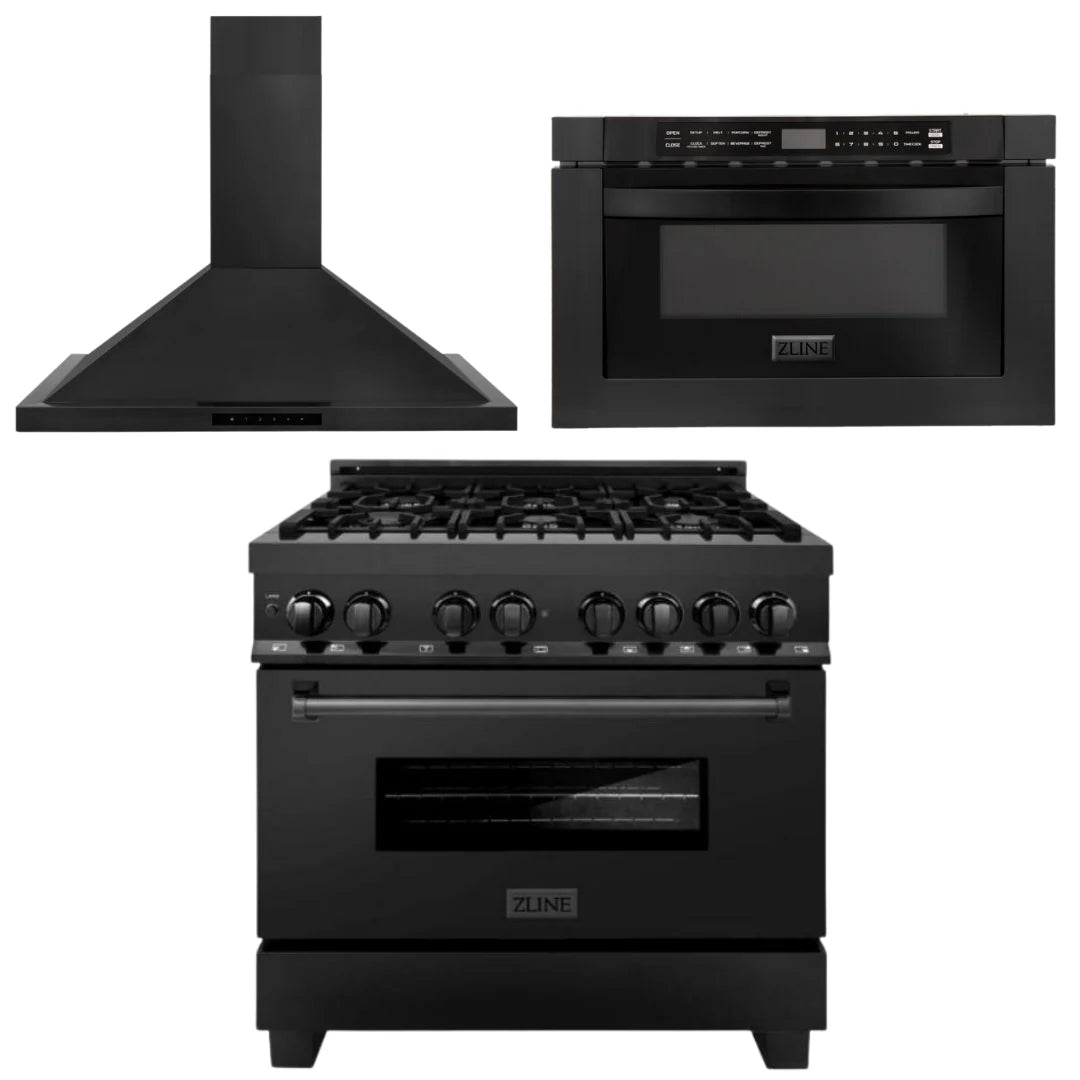 36 in. Dual Fuel Range, Range Hood, Microwave in Black Stainless Steel Y3173