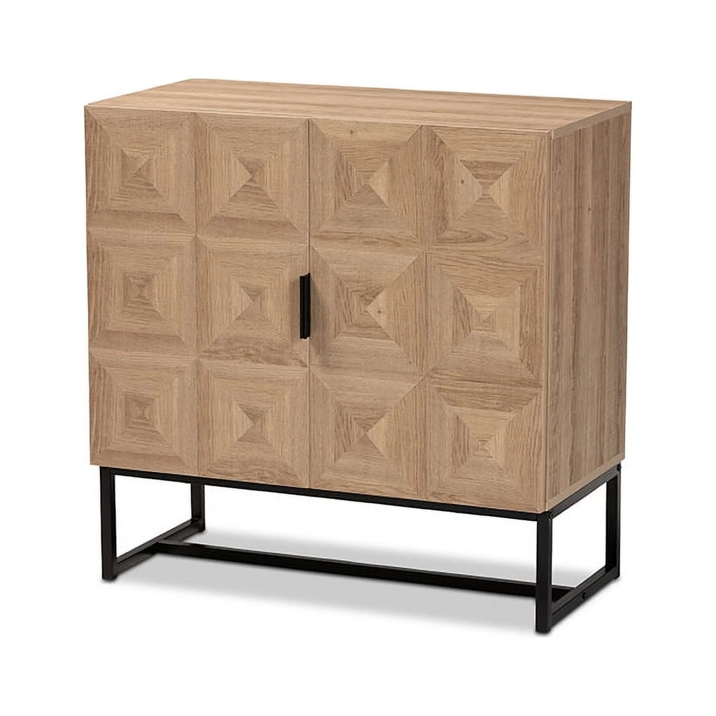 Natural Brown Wood and Black Metal 2-Door Storage Cabinet I220