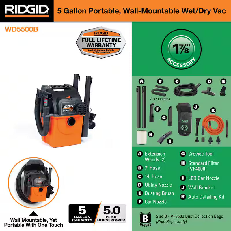 5 Gal. Portable Wet/Dry Shop Vacuum with Car Cleaning Kit C993
