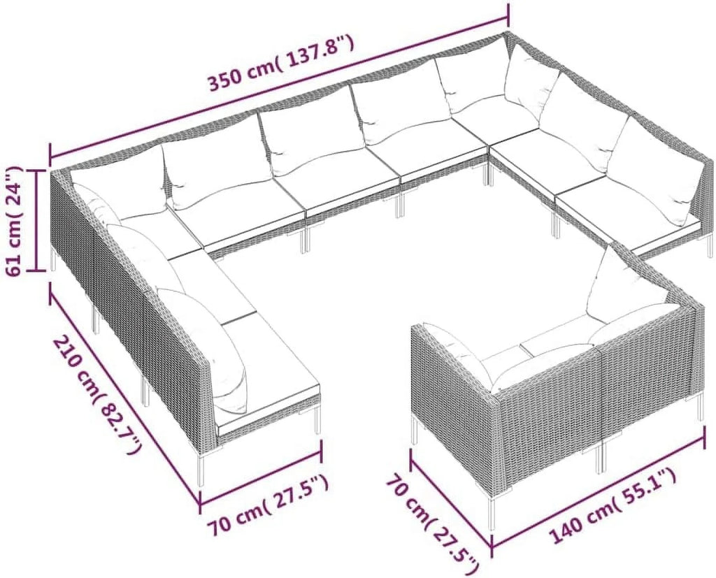 Dark Gray 13 Piece Poly Rattan Patio Sofa Set with Cushions K7928