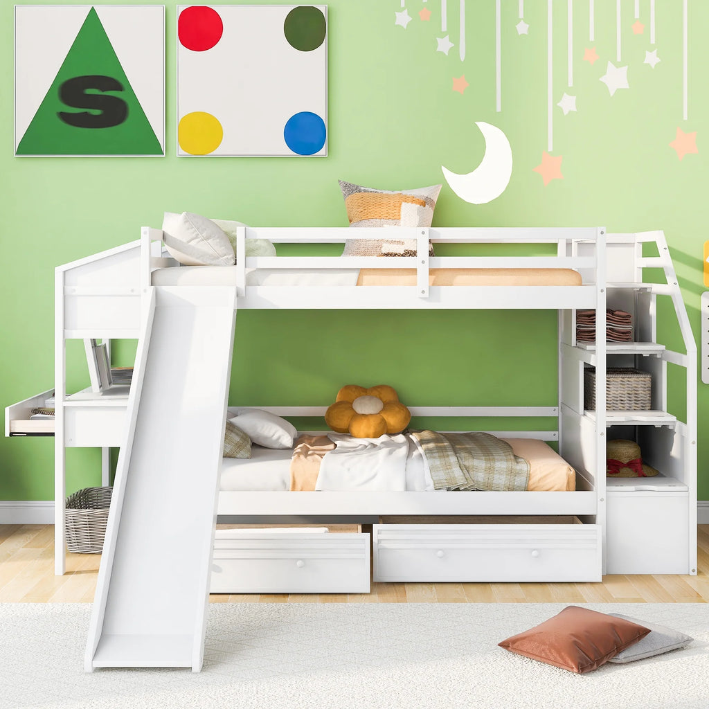 White Wood Twin over Twin Bunk Bed with Desk and Slide C6382
