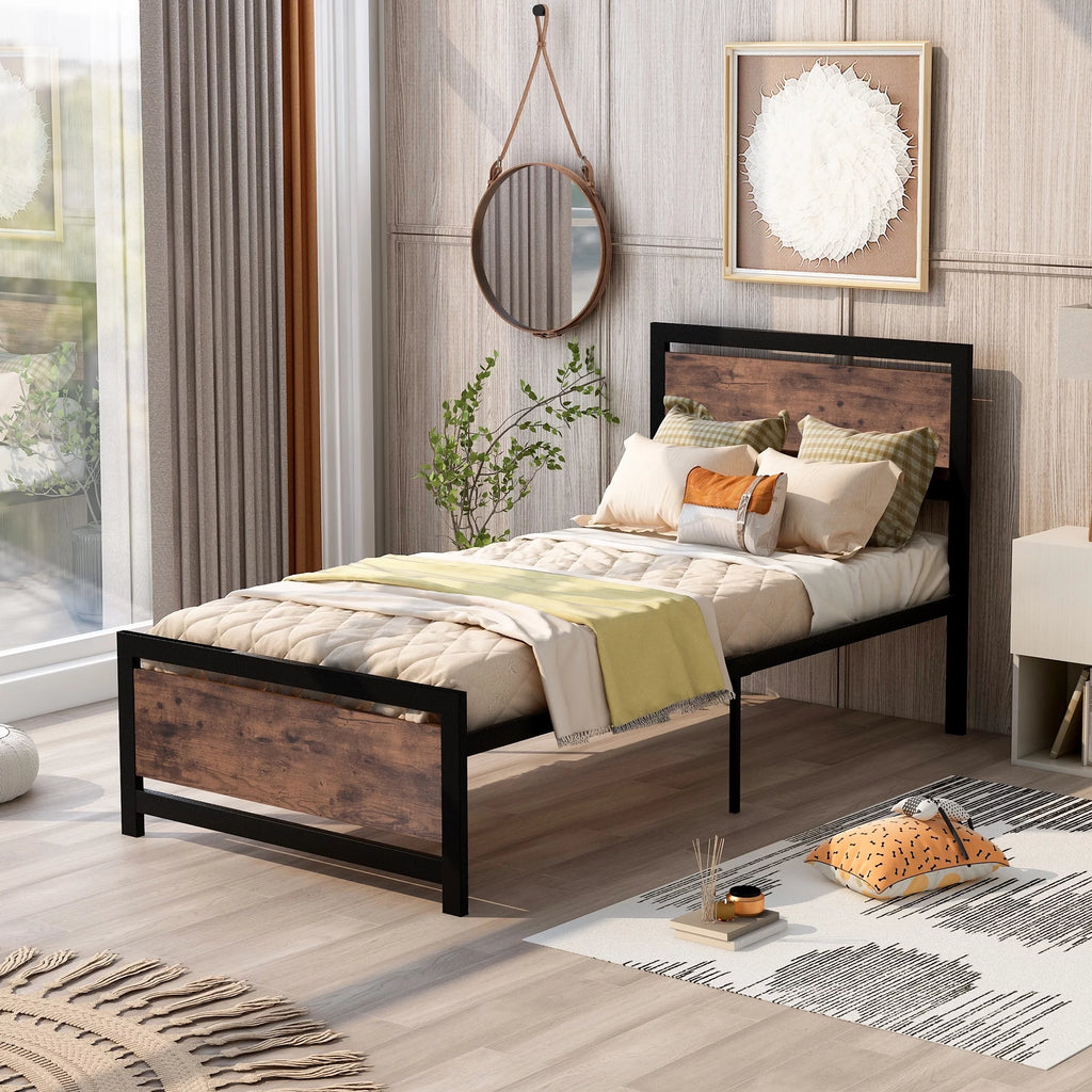 Black Twin Size Metal and Wood Platform Bed with Headboard and Footboard F84013