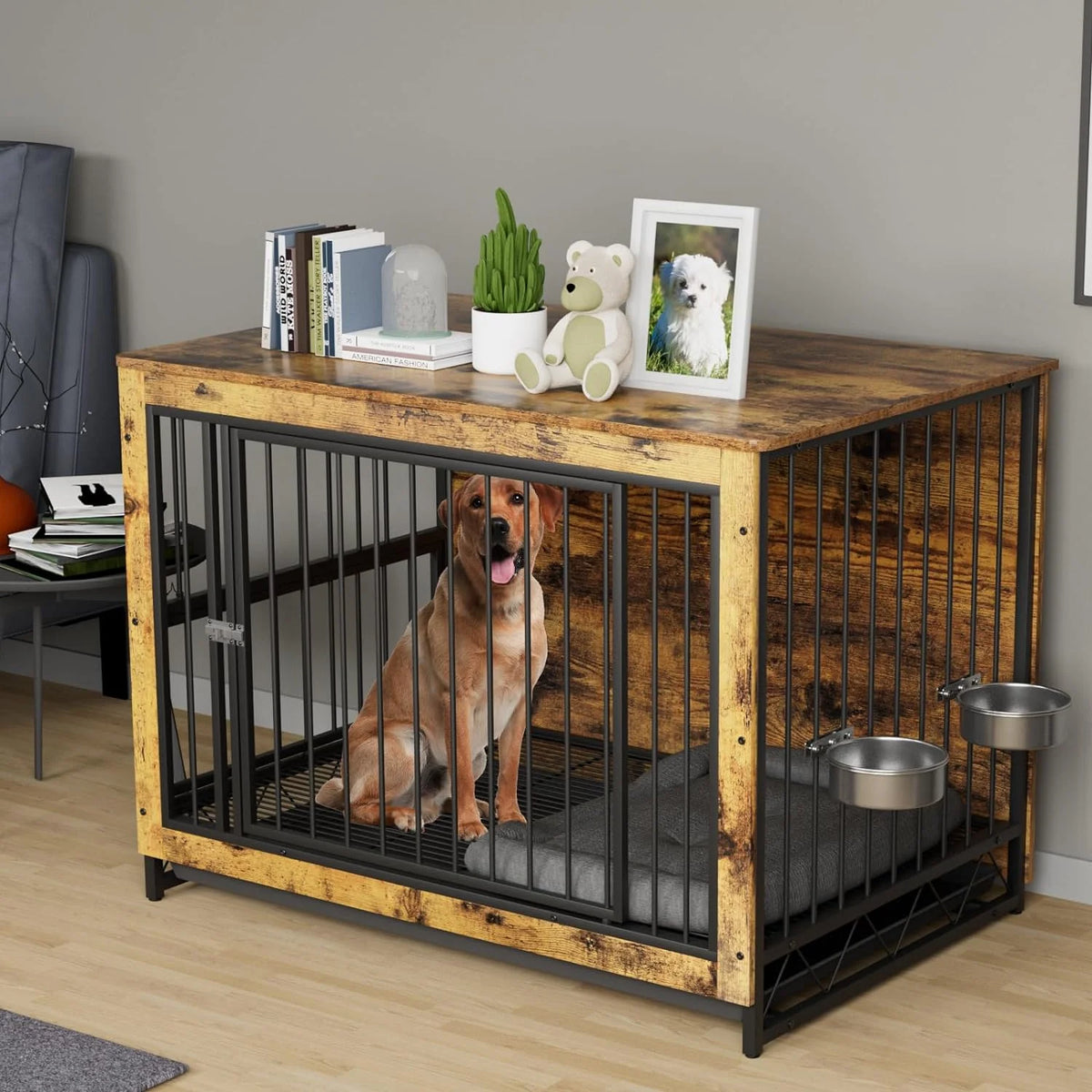 44.1'' Wooden Dog Crate with 2 Stainless Steel Bowls B44251