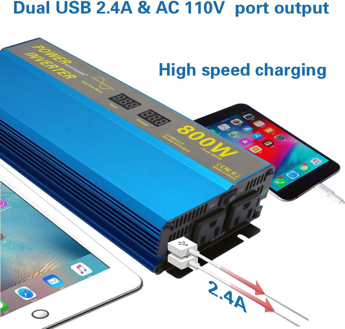 800W Pure Sine Wave Power Inverter 12V to 110V AC with Dual USB O15457