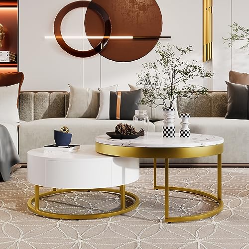 Round Lift-top Nesting Coffee Tables with 2 Drawers White & Natural L867