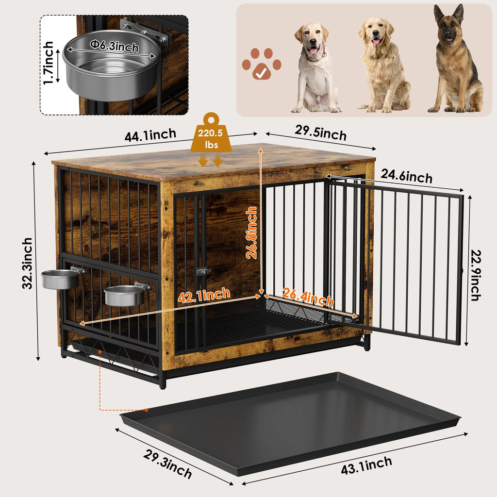 44.1'' Wooden Dog Crate with 2 Stainless Steel Bowls B44251