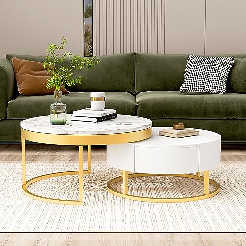 Round Lift-top Nesting Coffee Tables with 2 Drawers White & Natural L867