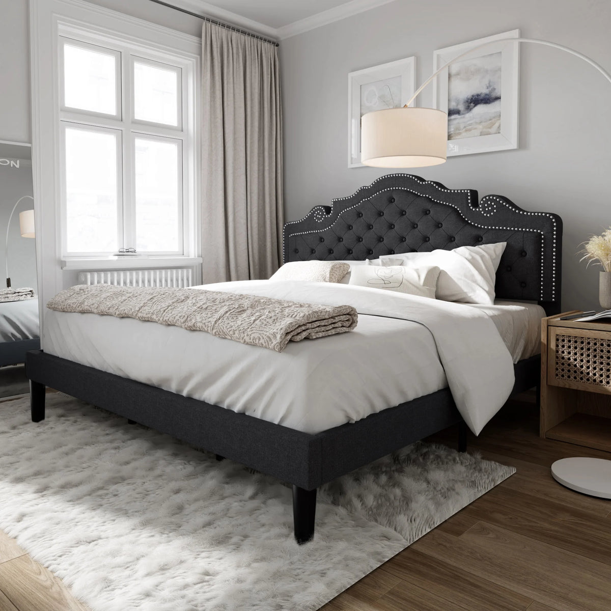 Queen Size Upholstered Platform Bed Frame with Adjustable Headboard, Black Y154593