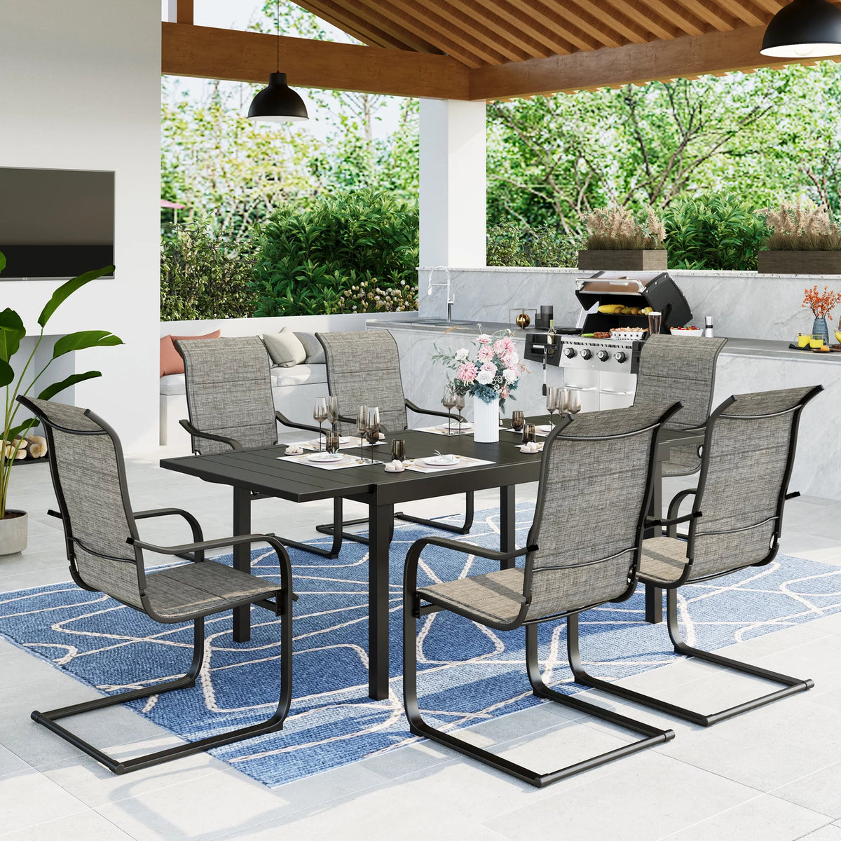 7 Pieces Outdoor Patio Dining Set with 6 Textilene Chairs and Extendable Dining Table T993